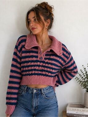 Zara Pink Striped Cropped Knit Sweater Collared Cozy Indie Pullover M